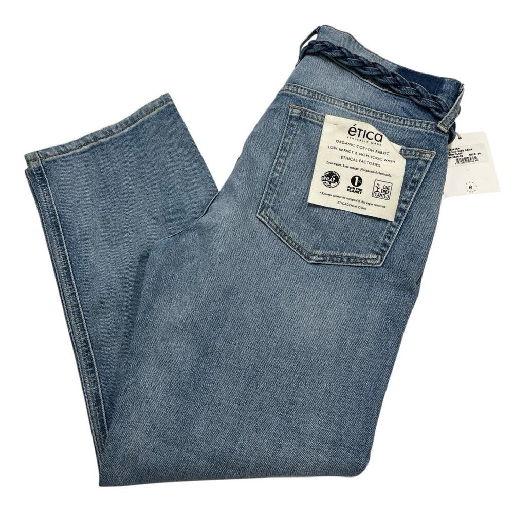Etica Jeans Mid Rise Crop Light Wash Braided‎ Denim Belt Size 30 Boho Hippie Y2K